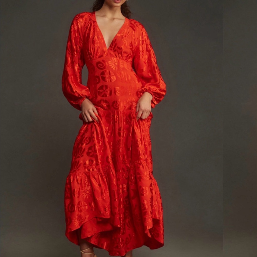 Farm Rio (M) Long-Sleeve V-Neck Jacquard Maxi Dress Red